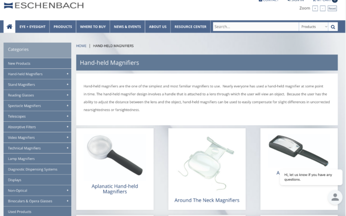 screenshot of the Eschenbach website showing handheld magnifiers